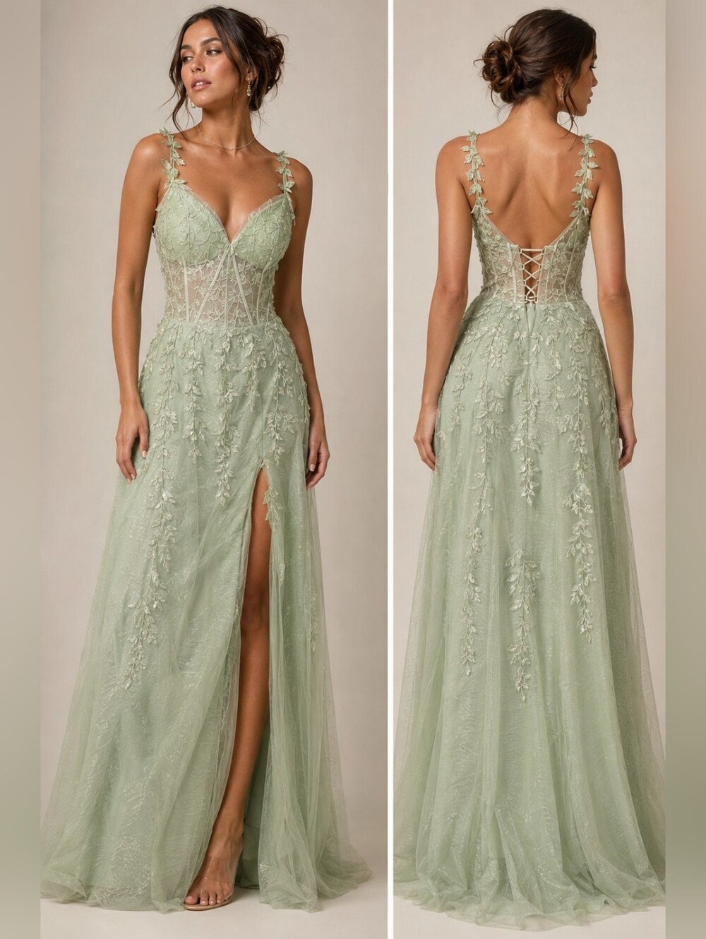 Sage Green Embroidered Corset Maxi Gown – NWOT